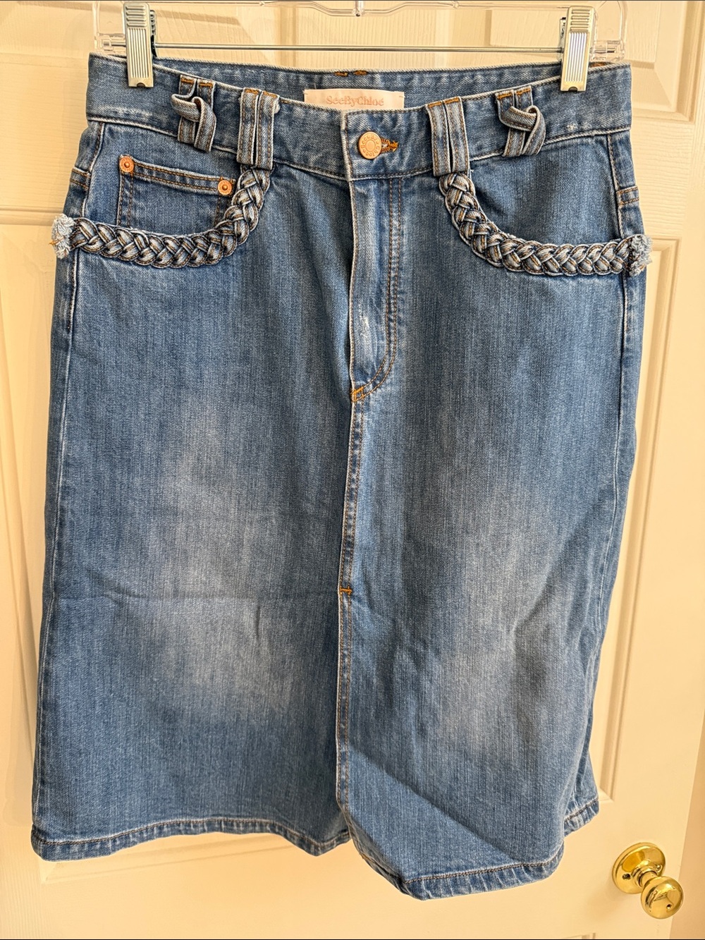 See By Chloe Denim Skirt w/Braided Trimmed Pockets & Front Slit